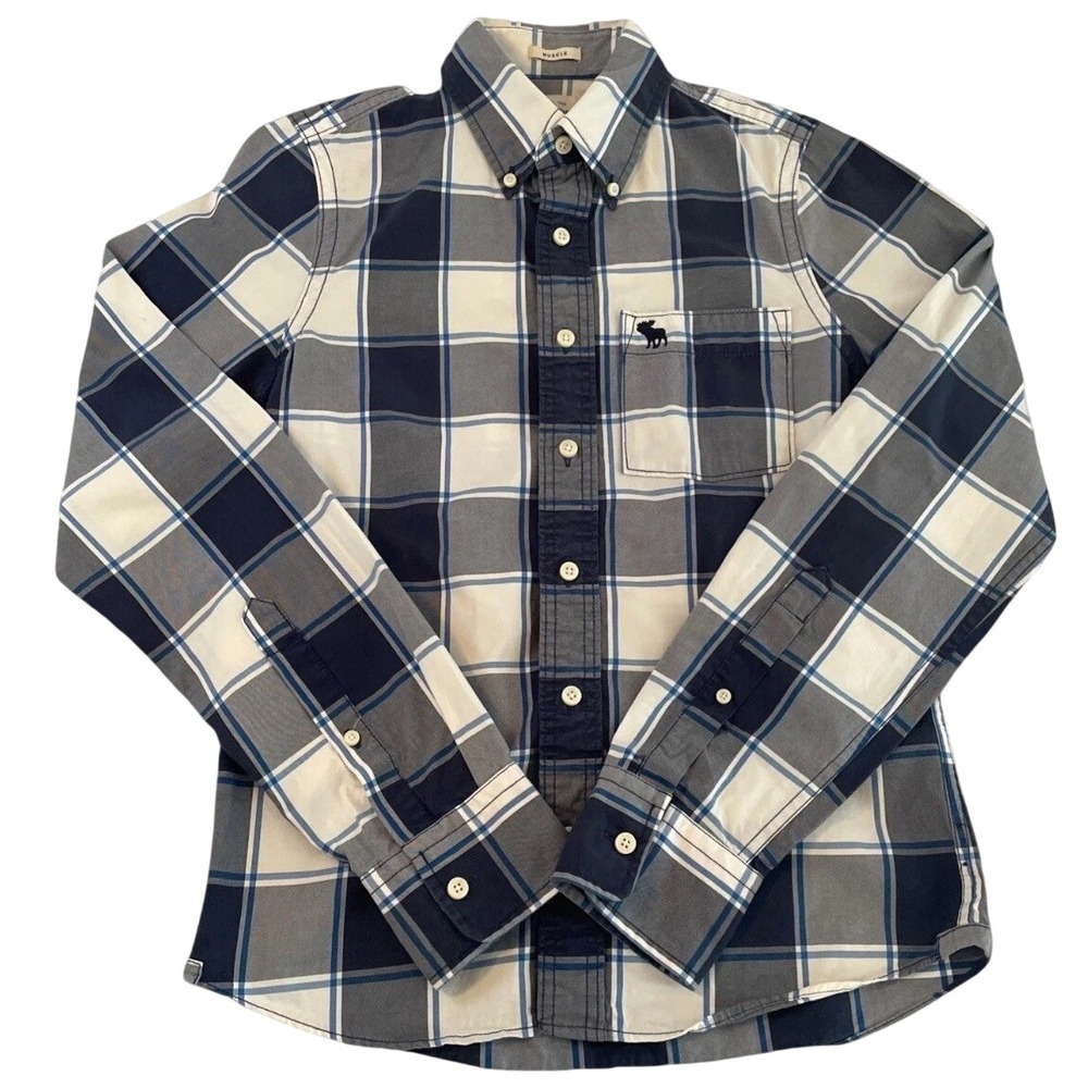 Abercrombie & Fitch Mens Small Muscle Fit Plaid Button Down Shirt Navy Blue Grey